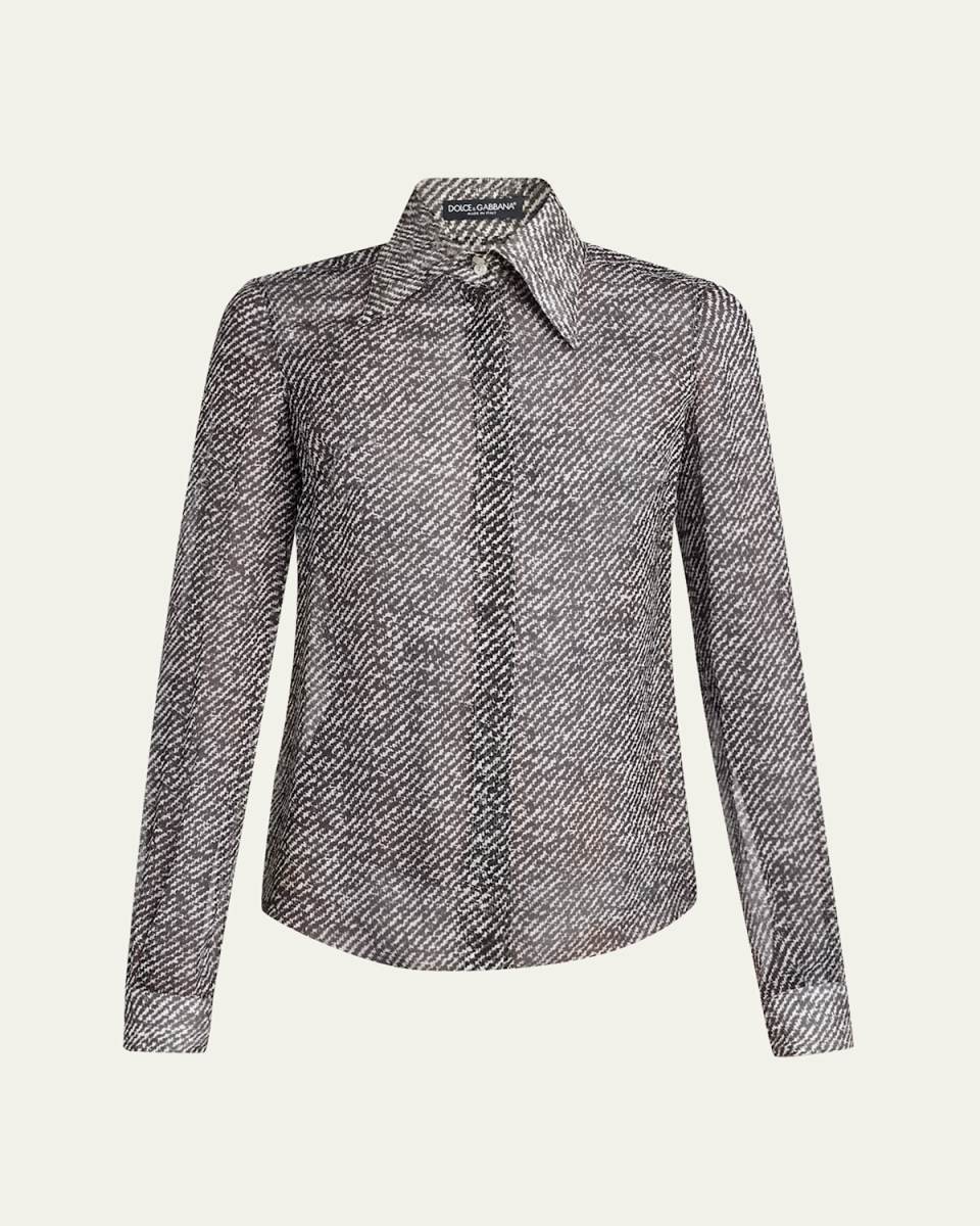 Boucle-Print Silk Chiffon Button-Down Shirt